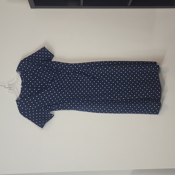 LANDS' END Navy Blue White Polka-dot Top Faux Wrap Side Ruched Knit Dress - Picture 1 of 12